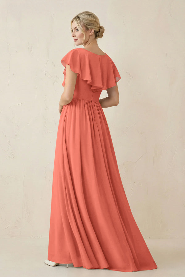 Cap Sleeve A-Line Ruffled Chiffon Bridesmaid Dress in Wild Rose - KissProm BRIDESMAID DRESSES