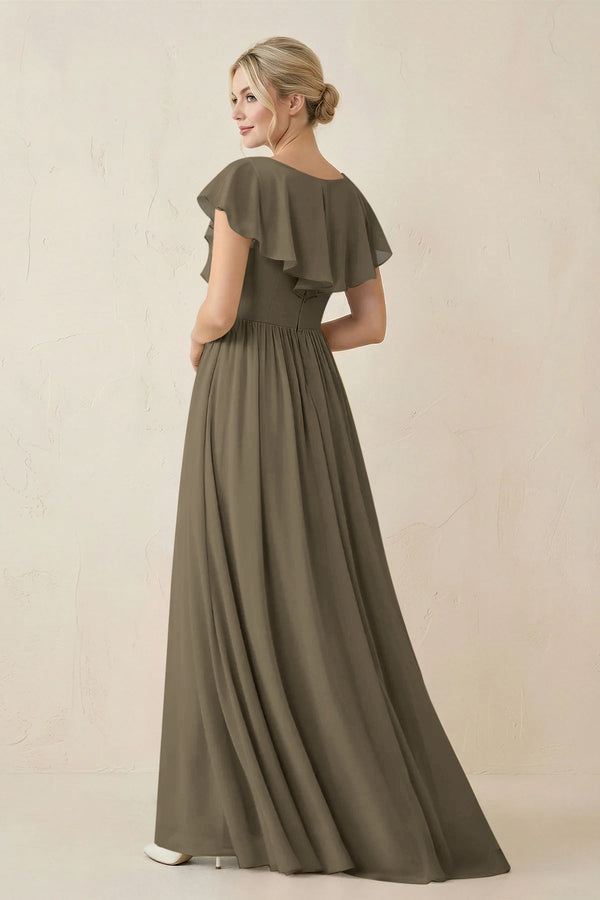 Cap Sleeve A-Line Ruffled Chiffon Bridesmaid Dress in Willow Green - KissProm BRIDESMAID DRESSES
