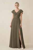 Cap Sleeve A-Line Ruffled Chiffon Bridesmaid Dress in Willow Green - KissProm BRIDESMAID DRESSES