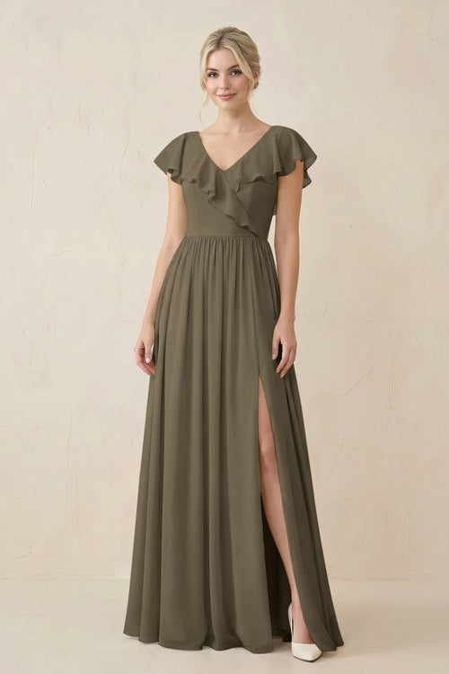 Cap Sleeve A-Line Ruffled Chiffon Bridesmaid Dress in Willow Green - KissProm BRIDESMAID DRESSES
