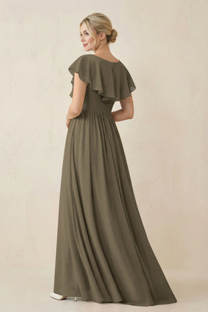 Cap Sleeve A-Line Ruffled Chiffon Bridesmaid Dress in Willow Green - KissProm BRIDESMAID DRESSES