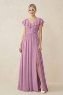 Cap Sleeve A-Line Ruffled Chiffon Bridesmaid Dress in Wisteria - KissProm BRIDESMAID DRESSES