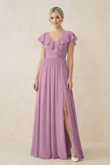 Cap Sleeve A-Line Ruffled Chiffon Bridesmaid Dress in Wisteria - KissProm BRIDESMAID DRESSES