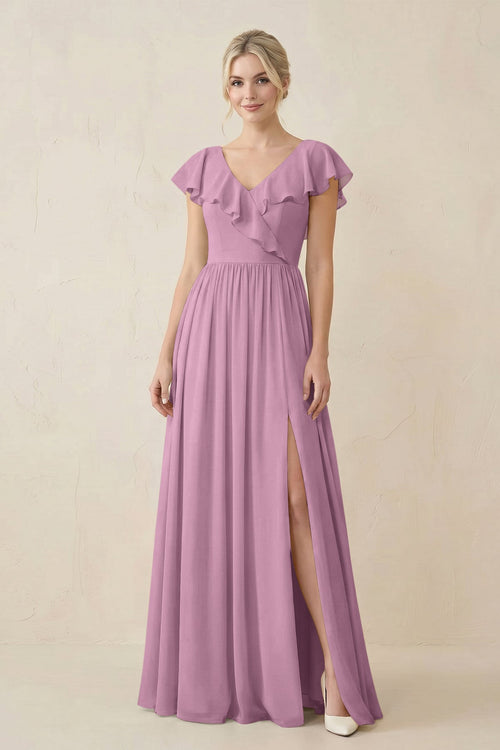 Cap Sleeve A-Line Ruffled Chiffon Bridesmaid Dress in Wisteria - KissProm BRIDESMAID DRESSES