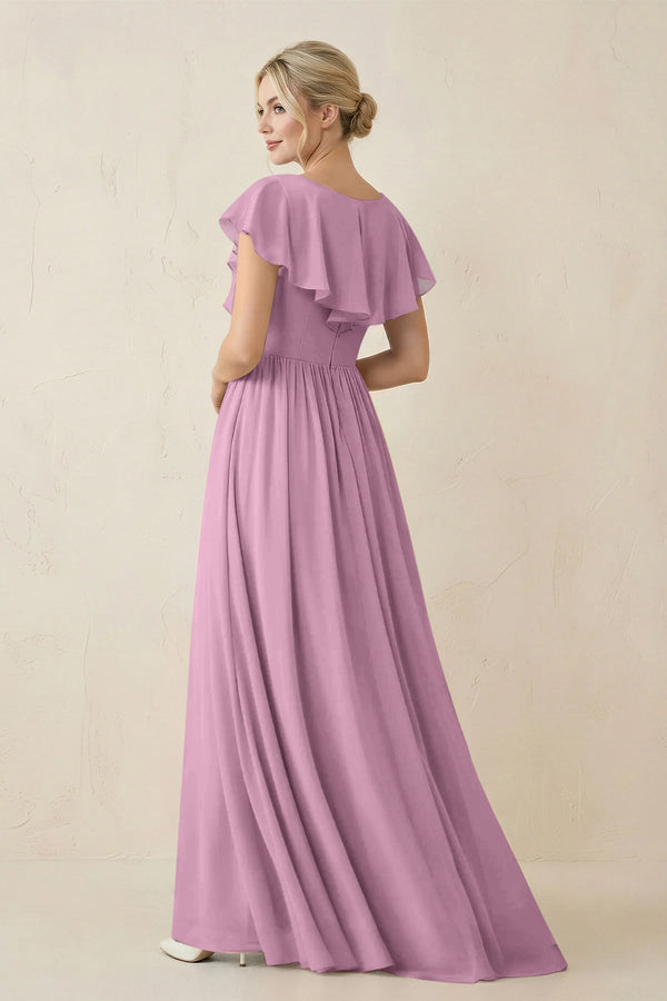 Cap Sleeve A-Line Ruffled Chiffon Bridesmaid Dress in Wisteria - KissProm BRIDESMAID DRESSES