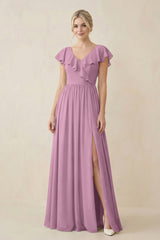 Cap Sleeve A-Line Ruffled Chiffon Bridesmaid Dress in Wisteria - KissProm BRIDESMAID DRESSES