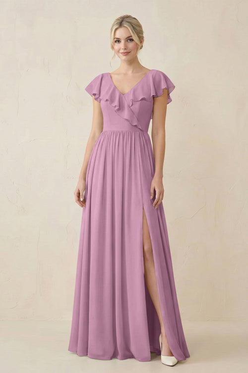 Cap Sleeve A-Line Ruffled Chiffon Bridesmaid Dress in Wisteria - KissProm BRIDESMAID DRESSES