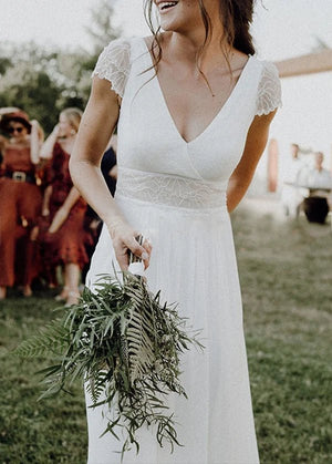 Chiffon V-Neck Short-Sleeve Wedding Dresses Cutout Back Bridal Gowns