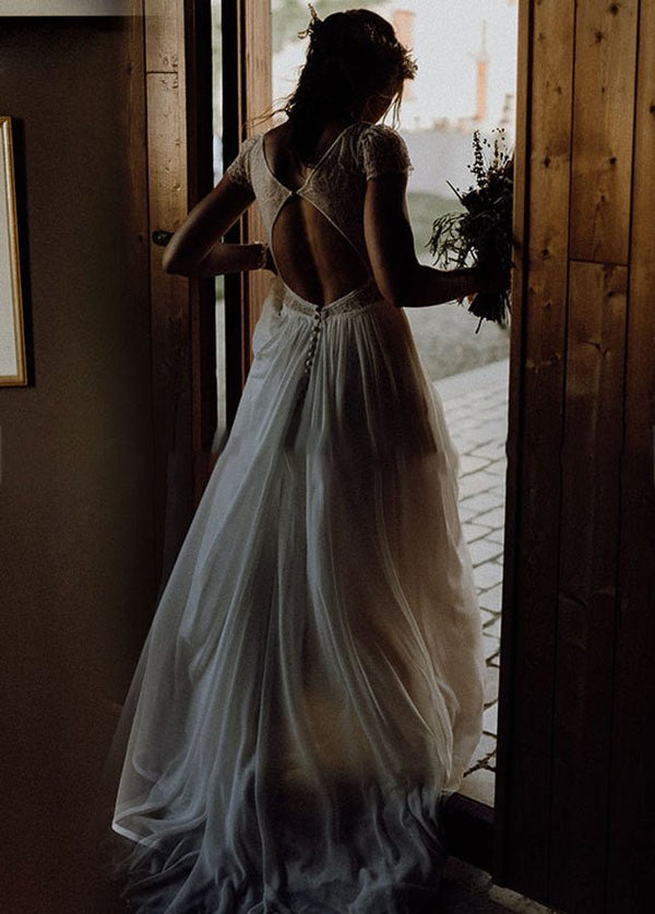 Chiffon V-Neck Short-Sleeve Wedding Dresses Cutout Back Bridal Gowns