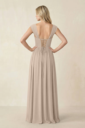 Cap Sleeve Corset A - Line Chiffon Bridesmaid Dress in Almond - KissProm Bridesmaid Dresses
