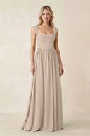 Cap Sleeve Corset A - Line Chiffon Bridesmaid Dress in Almond - KissProm Bridesmaid Dresses