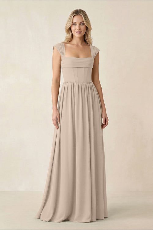 Cap Sleeve Corset A - Line Chiffon Bridesmaid Dress in Almond - KissProm Bridesmaid Dresses