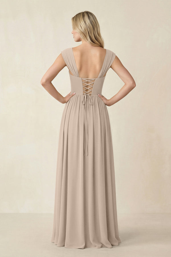 Cap Sleeve Corset A - Line Chiffon Bridesmaid Dress in Almond - KissProm Bridesmaid Dresses