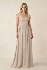 Cap Sleeve Corset A - Line Chiffon Bridesmaid Dress in Almond - KissProm Bridesmaid Dresses