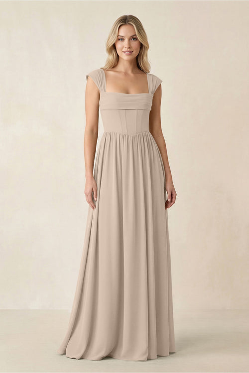 Cap Sleeve Corset A - Line Chiffon Bridesmaid Dress in Almond - KissProm Bridesmaid Dresses