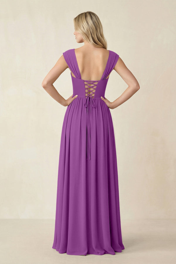 Cap Sleeve Corset A - Line Chiffon Bridesmaid Dress in Amethyst - KissProm Bridesmaid Dresses