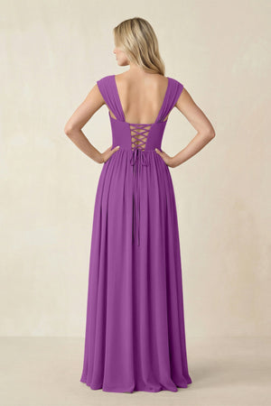 Cap Sleeve Corset A - Line Chiffon Bridesmaid Dress in Amethyst - KissProm Bridesmaid Dresses