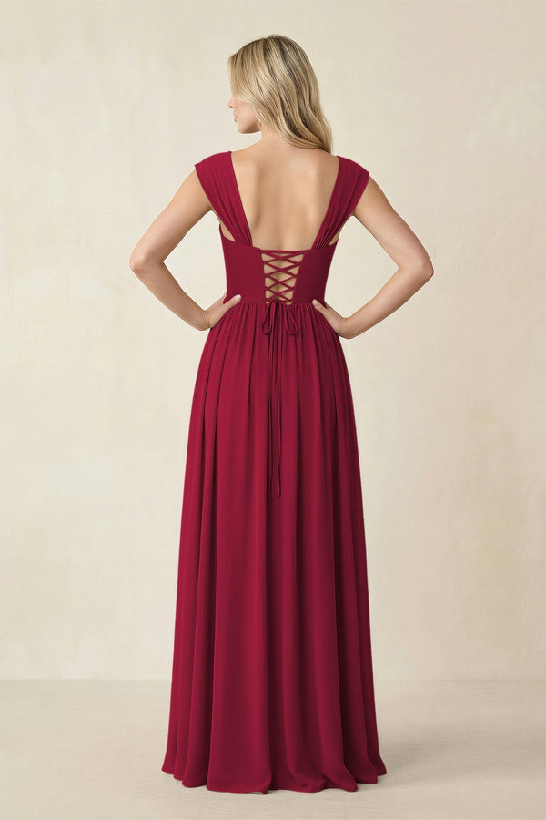 Cap Sleeve Corset A - Line Chiffon Bridesmaid Dress in Berry - KissProm Bridesmaid Dresses