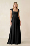 Cap Sleeve Corset A - Line Chiffon Bridesmaid Dress in Black - KissProm Bridesmaid Dresses