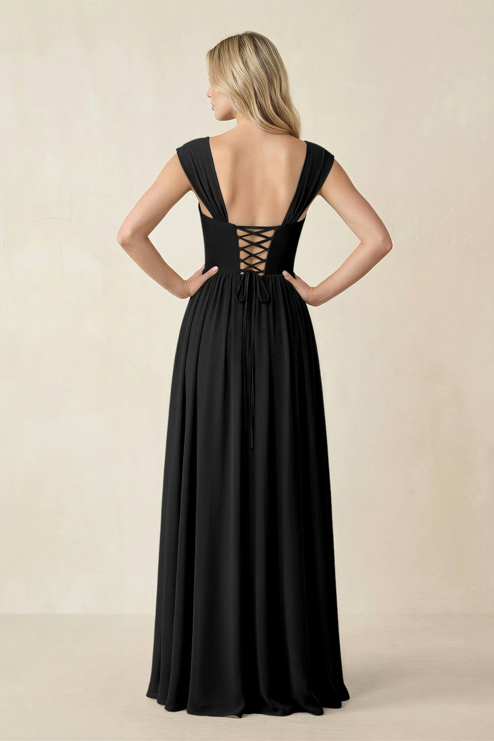 Cap Sleeve Corset A - Line Chiffon Bridesmaid Dress in Black - KissProm Bridesmaid Dresses