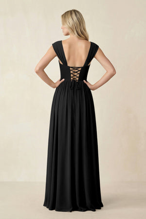 Cap Sleeve Corset A - Line Chiffon Bridesmaid Dress in Black - KissProm Bridesmaid Dresses