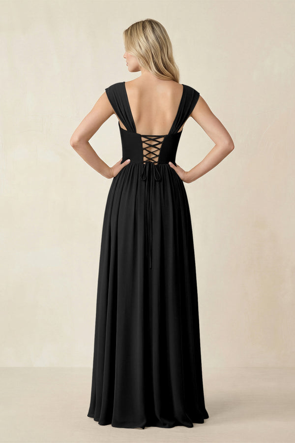 Cap Sleeve Corset A - Line Chiffon Bridesmaid Dress in Black - KissProm Bridesmaid Dresses