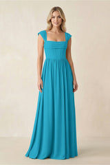 Cap Sleeve Corset A - Line Chiffon Bridesmaid Dress in Blue Jay - KissProm Bridesmaid Dresses