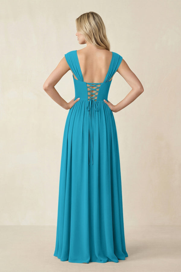 Cap Sleeve Corset A - Line Chiffon Bridesmaid Dress in Blue Jay - KissProm Bridesmaid Dresses