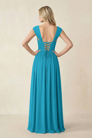 Cap Sleeve Corset A - Line Chiffon Bridesmaid Dress in Blue Jay - KissProm Bridesmaid Dresses