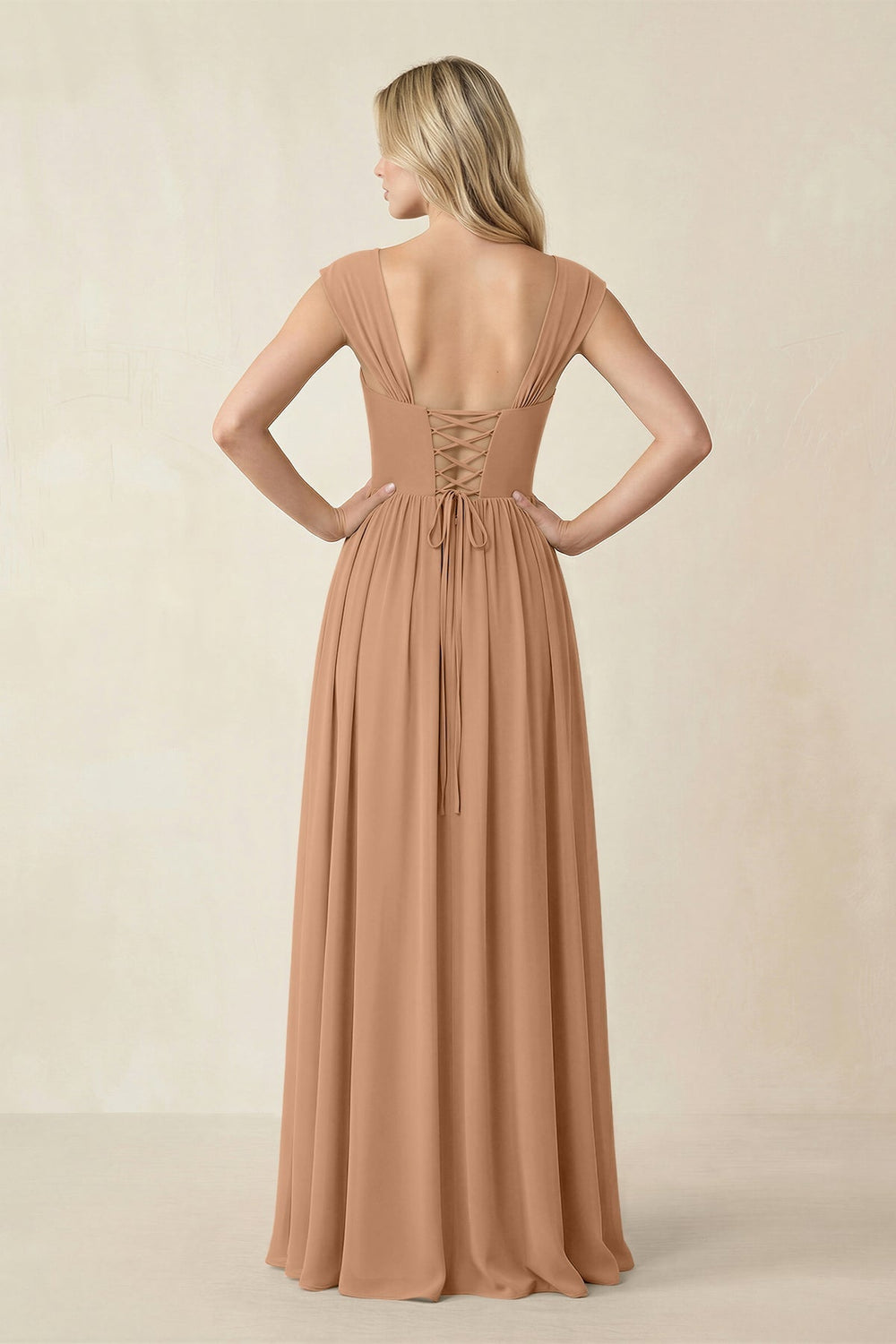 Cap Sleeve Corset A - Line Chiffon Bridesmaid Dress in Bronzer - KissProm Bridesmaid Dresses