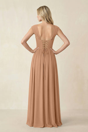 Cap Sleeve Corset A - Line Chiffon Bridesmaid Dress in Bronzer - KissProm Bridesmaid Dresses