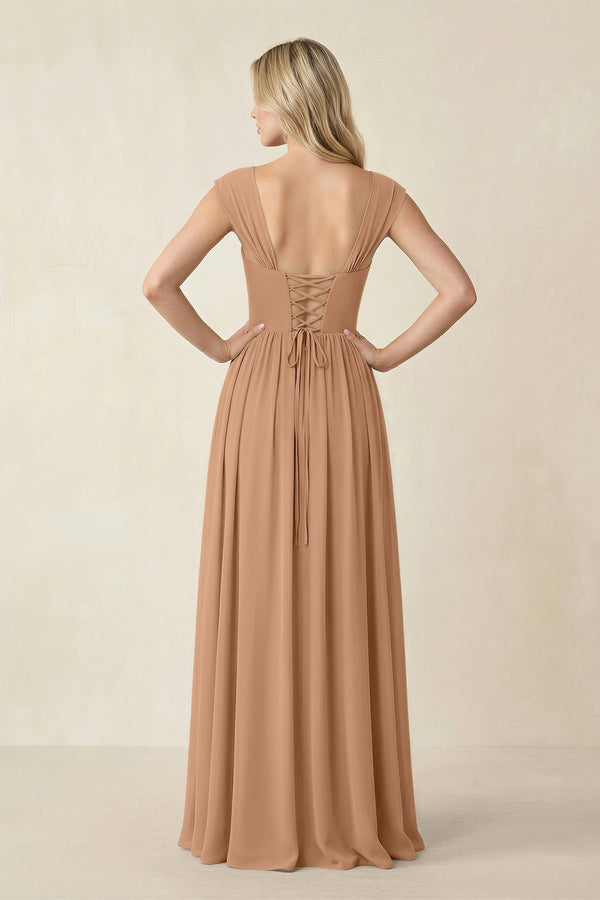 Cap Sleeve Corset A - Line Chiffon Bridesmaid Dress in Bronzer - KissProm Bridesmaid Dresses