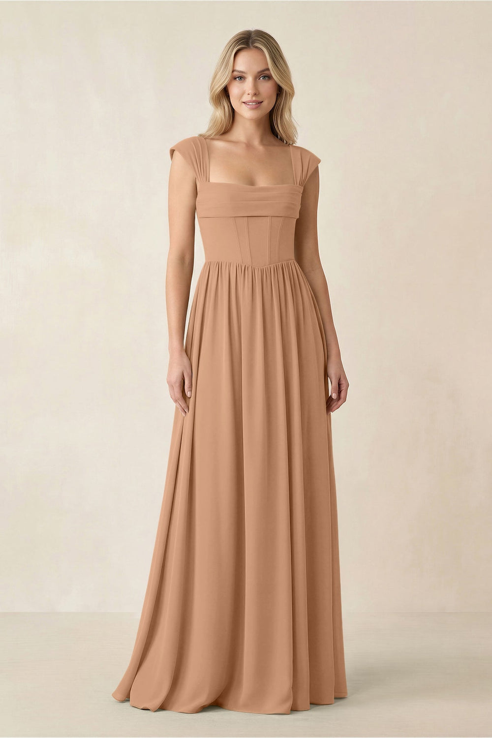 Cap Sleeve Corset A - Line Chiffon Bridesmaid Dress in Bronzer - KissProm Bridesmaid Dresses