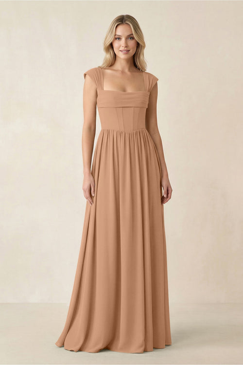Cap Sleeve Corset A - Line Chiffon Bridesmaid Dress in Bronzer - KissProm Bridesmaid Dresses