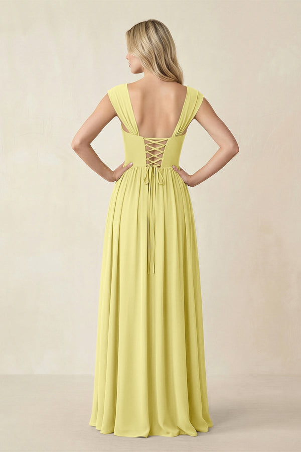 Cap Sleeve Corset A - Line Chiffon Bridesmaid Dress in Buttercup - KissProm Bridesmaid Dresses