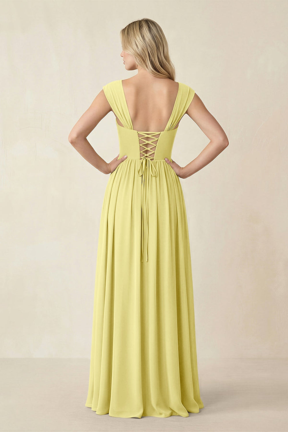 Cap Sleeve Corset A - Line Chiffon Bridesmaid Dress in Buttercup - KissProm Bridesmaid Dresses