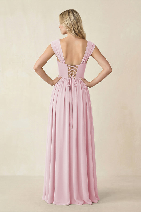 Cap Sleeve Corset A - Line Chiffon Bridesmaid Dress in Candy Pink - KissProm Bridesmaid Dresses