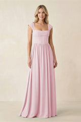 Cap Sleeve Corset A - Line Chiffon Bridesmaid Dress in Candy Pink - KissProm Bridesmaid Dresses