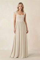 Cap Sleeve Corset A - Line Chiffon Bridesmaid Dress in Champagne - KissProm Bridesmaid Dresses