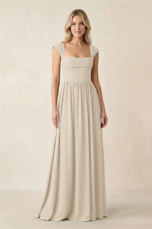 Cap Sleeve Corset A - Line Chiffon Bridesmaid Dress in Champagne - KissProm Bridesmaid Dresses