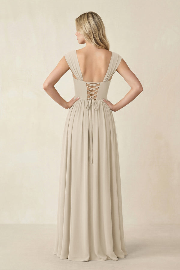 Cap Sleeve Corset A - Line Chiffon Bridesmaid Dress in Champagne - KissProm Bridesmaid Dresses