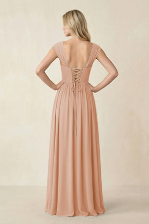 Cap Sleeve Corset A - Line Chiffon Bridesmaid Dress in Champagne Rose - KissProm Bridesmaid Dresses