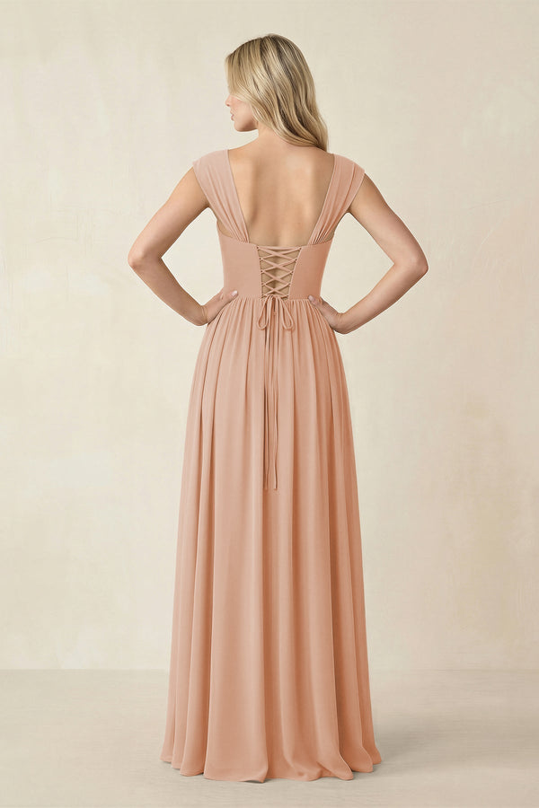 Cap Sleeve Corset A - Line Chiffon Bridesmaid Dress in Champagne Rose - KissProm Bridesmaid Dresses