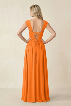 Cap Sleeve Corset A - Line Chiffon Bridesmaid Dress in Cinnamon - KissProm Bridesmaid Dresses