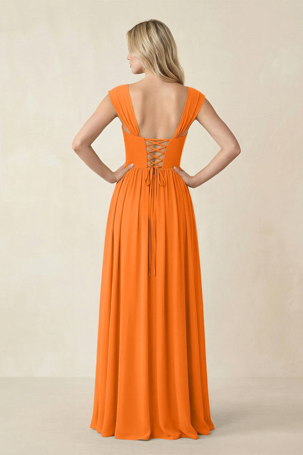 Cap Sleeve Corset A - Line Chiffon Bridesmaid Dress in Cinnamon - KissProm Bridesmaid Dresses