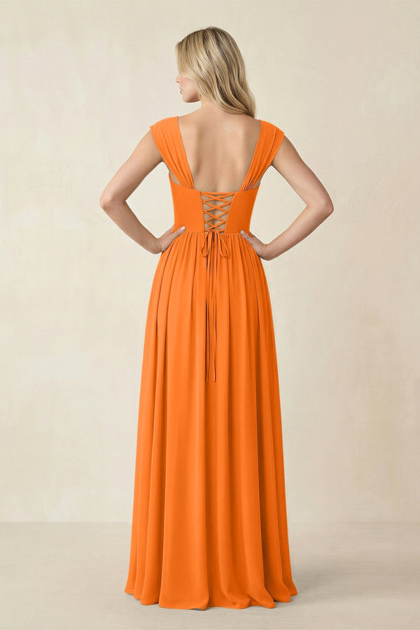 Cap Sleeve Corset A - Line Chiffon Bridesmaid Dress in Cinnamon - KissProm Bridesmaid Dresses