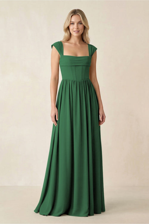 Cap Sleeve Corset A - Line Chiffon Bridesmaid Dress in Dark Green - KissProm Bridesmaid Dresses