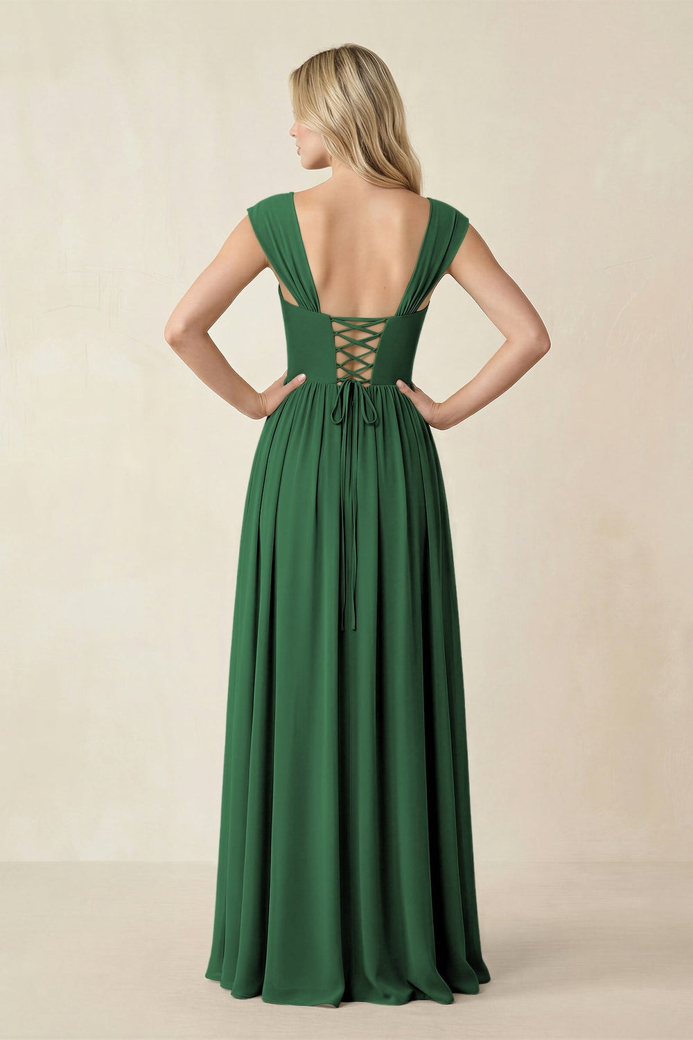 Cap Sleeve Corset A - Line Chiffon Bridesmaid Dress in Dark Green - KissProm Bridesmaid Dresses