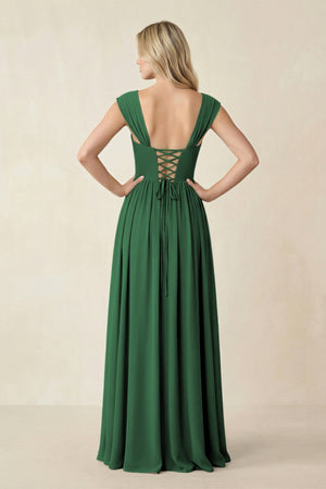 Cap Sleeve Corset A - Line Chiffon Bridesmaid Dress in Dark Green - KissProm Bridesmaid Dresses