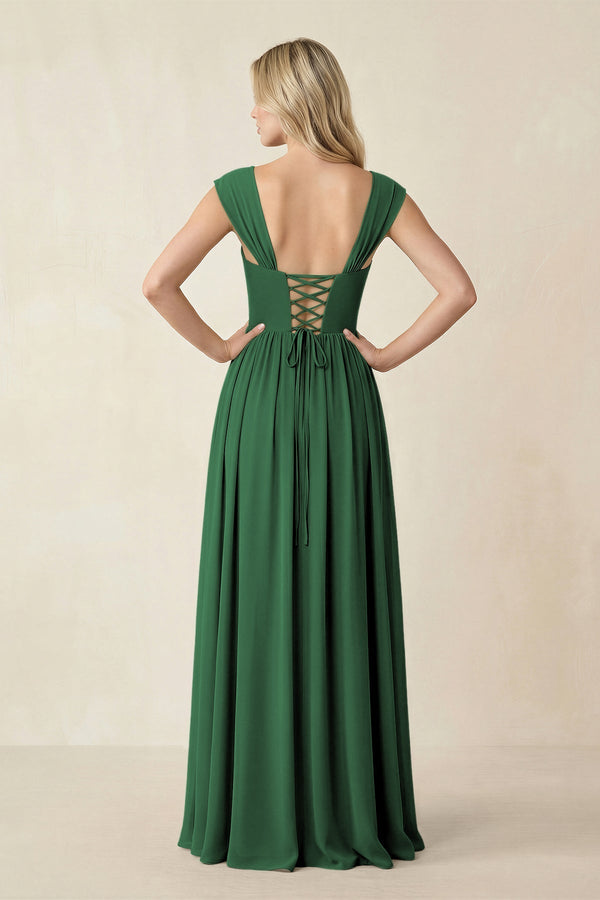 Cap Sleeve Corset A - Line Chiffon Bridesmaid Dress in Dark Green - KissProm Bridesmaid Dresses